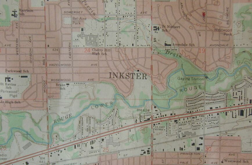 A quadrangle map of Inkster. The dot shows the location of our house. 90kb